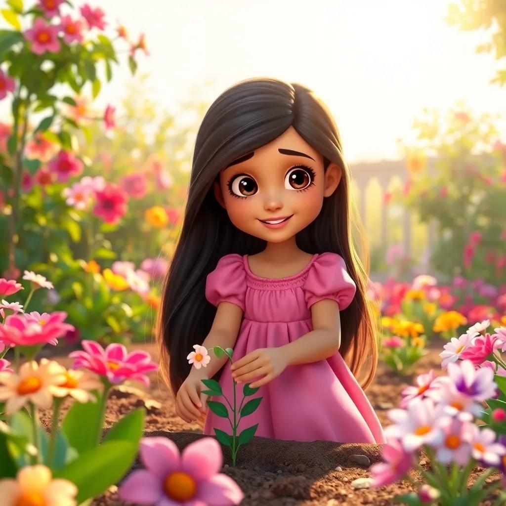 A young Arab girl, Roudina, with long dark hair wearing a pink dress, planting flowers with her friends in a beautiful garden, glowing sunshine, vibrant colors, playful atmosphere, child-friendly, high quality