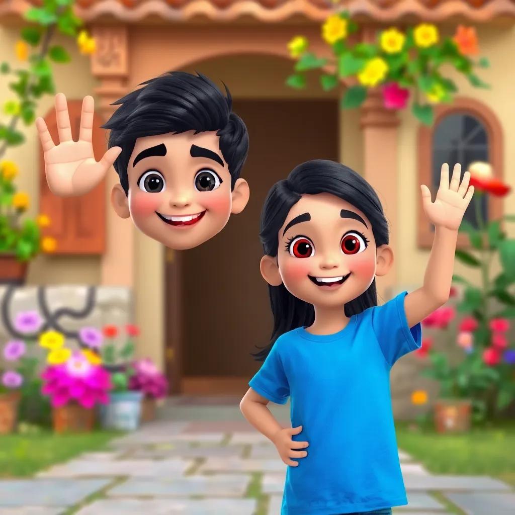 A young Arab boy, Anas, with black hair and wearing a blue t-shirt, waving happily with his sister Leila, a young Arab girl with long, dark hair and wearing a pink dress, outside their grandparents' house with a colorful garden in the background, joyful atmosphere, digital art, vibrant colors, inviting scene, high quality