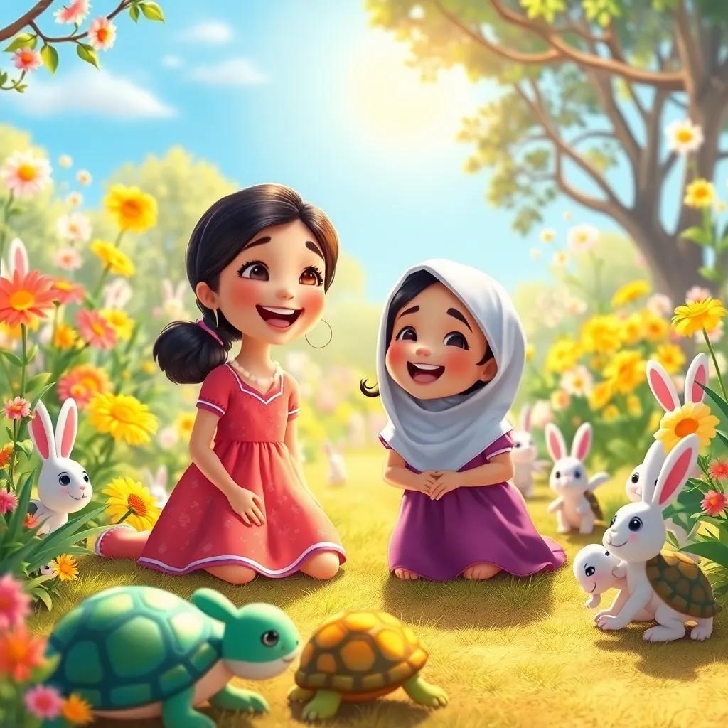 A warm scene with Anas and Leila in a bright garden filled with playful rabbits and turtles, children laughing and looking happy, the sun shining down, digital illustration, cheerful, colorful, imaginative, high quality