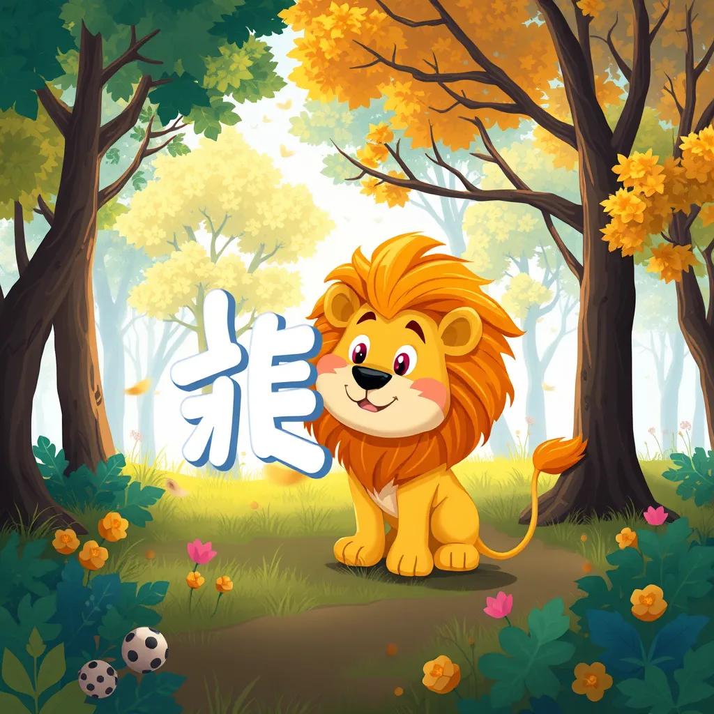 A friendly letter 'ا', a curious lion, exploring a beautiful forest with bright trees, digital art, colorful, inviting atmosphere, character focus, high quality, cheerful mood