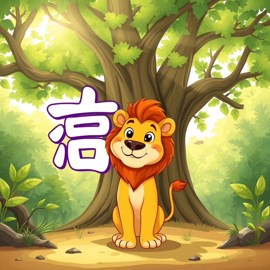 A friendly letter 'ا', a curious lion, standing in front of a big green tree in the forest, sunlight filtering through leaves, cartoonish style, bright colors, high quality