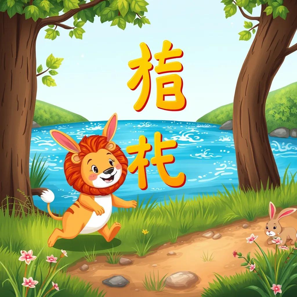 A friendly letter 'ا', a curious lion, a playful rabbit hopping through the grass beside a sparkling river, cheerful scene, rich colors, detailed illustration, high quality