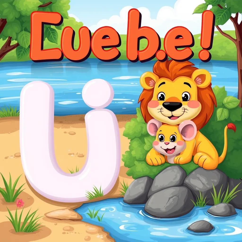 A friendly letter 'ا', a curious lion, a happy mouse peeking out from a bush by the river, vibrant colors, bright and inviting surroundings, cartoon style, high detail, high quality