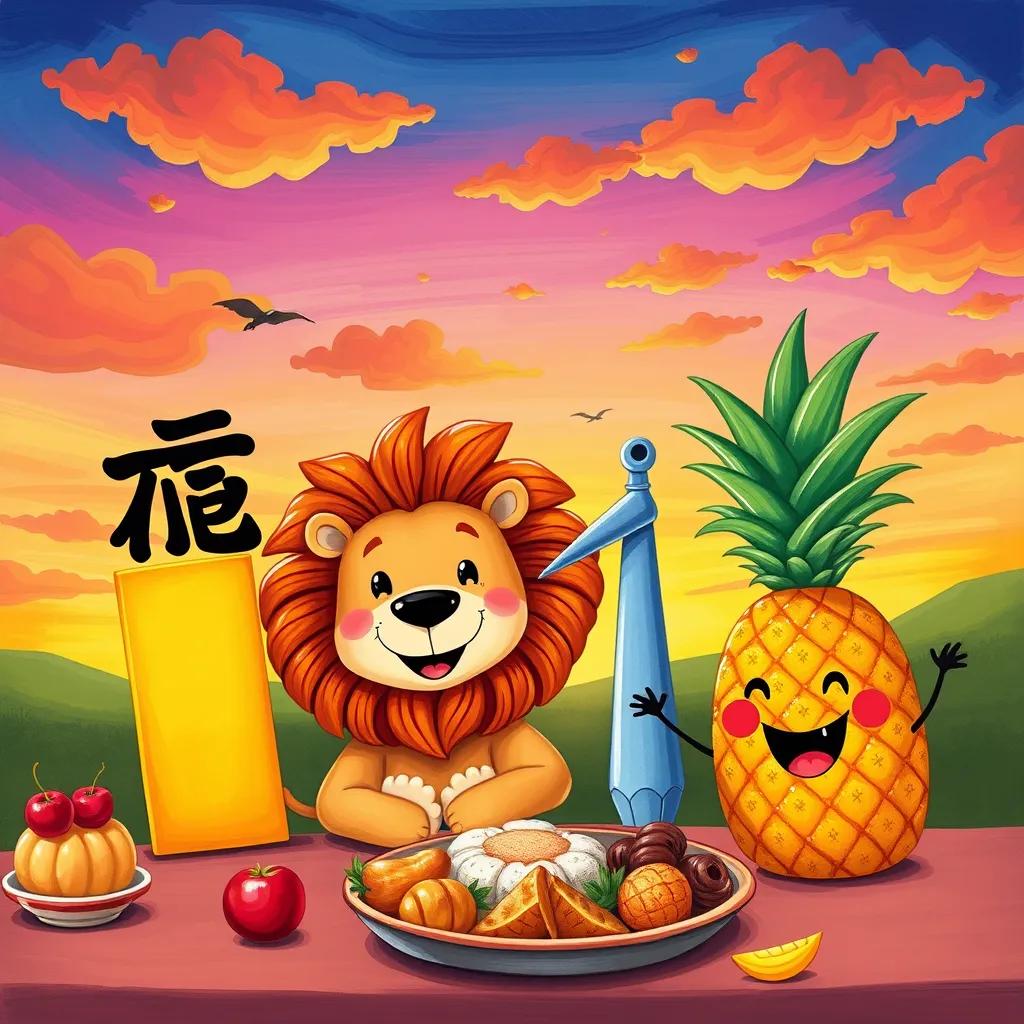 A friendly letter 'ا', a curious lion, a cheerful piercing sewing needle and a playful pineapple joining the feast under a colorful sunset sky, joyful scene, lively colors, whimsical imagery, high quality