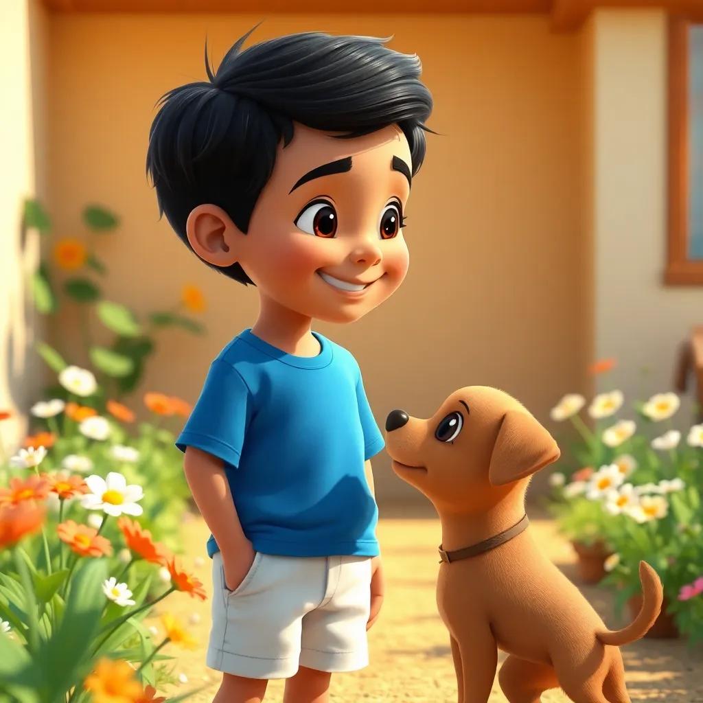 A young Arab boy, Ali, with short black hair, wearing a blue t-shirt and white shorts, standing in a sunny small garden with flowers, smiling and looking at a small brown puppy, digital art, bright colors, joyful atmosphere, high quality