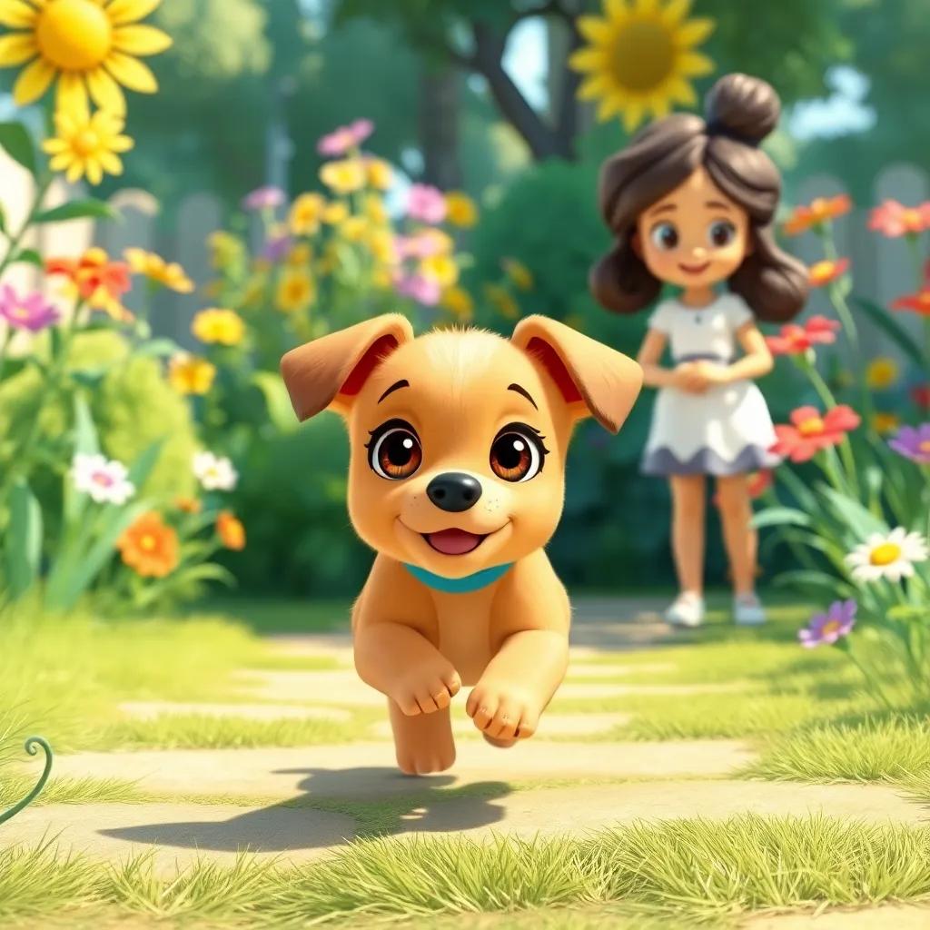 A small brown puppy with shiny eyes, running towards Ali, who is in a sunny garden with greenery and colorful flowers, illustration, cheerful, playful scene, child-friendly