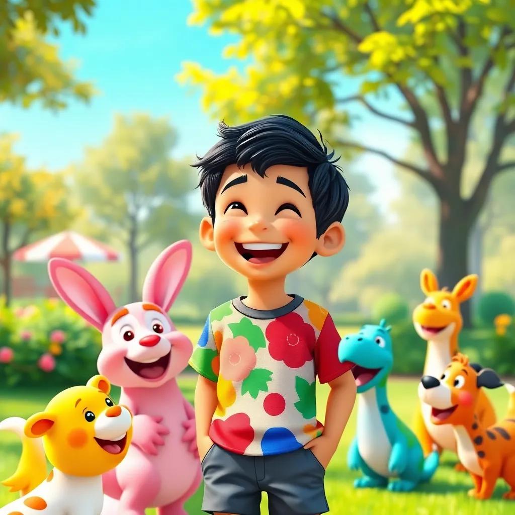 A cheerful boy, Sami, with short black hair wearing a colorful t-shirt and shorts, laughing with friends in a sunny park, surrounded by joyful animals, digital art, vibrant colors, warm atmosphere, high quality