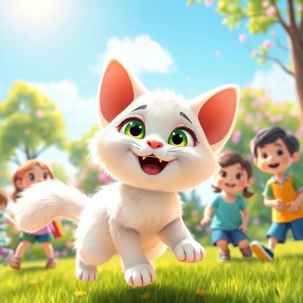 A playful cat, Lolo, with fluffy white fur and big green eyes, joyfully interacting with children in a beautiful park, inviting sunlight, lively scene, cheerful, colorful, high quality