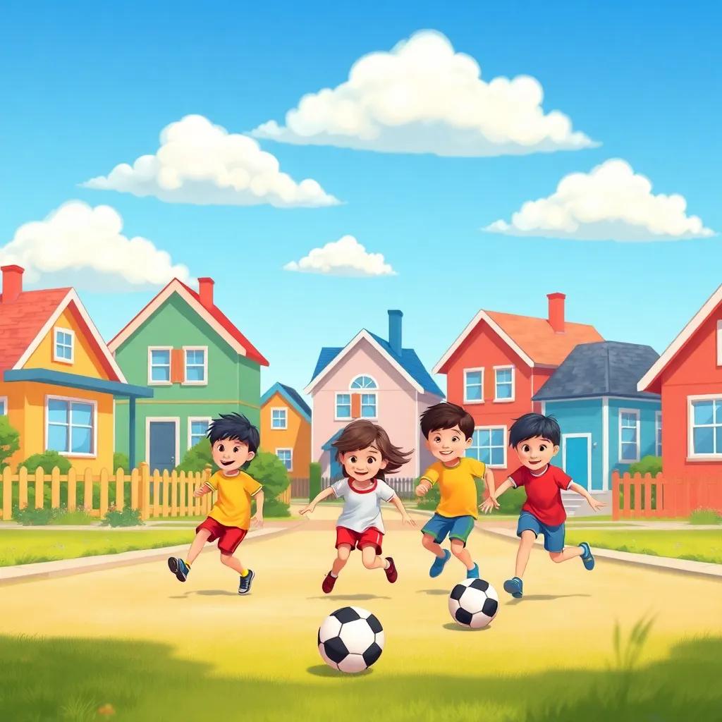 A lively neighborhood scene with five children playing soccer, clouds in a bright blue sky, colorful houses in the background, illustration, cheerful atmosphere, inviting colors, child-friendly, high quality