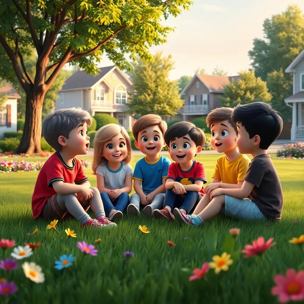 Five children sitting on the grass in a neighborhood park discussing teamwork and friendship, surrounded by flowers and trees, digital art, vibrant colors, warm lighting, uplifting atmosphere, high quality