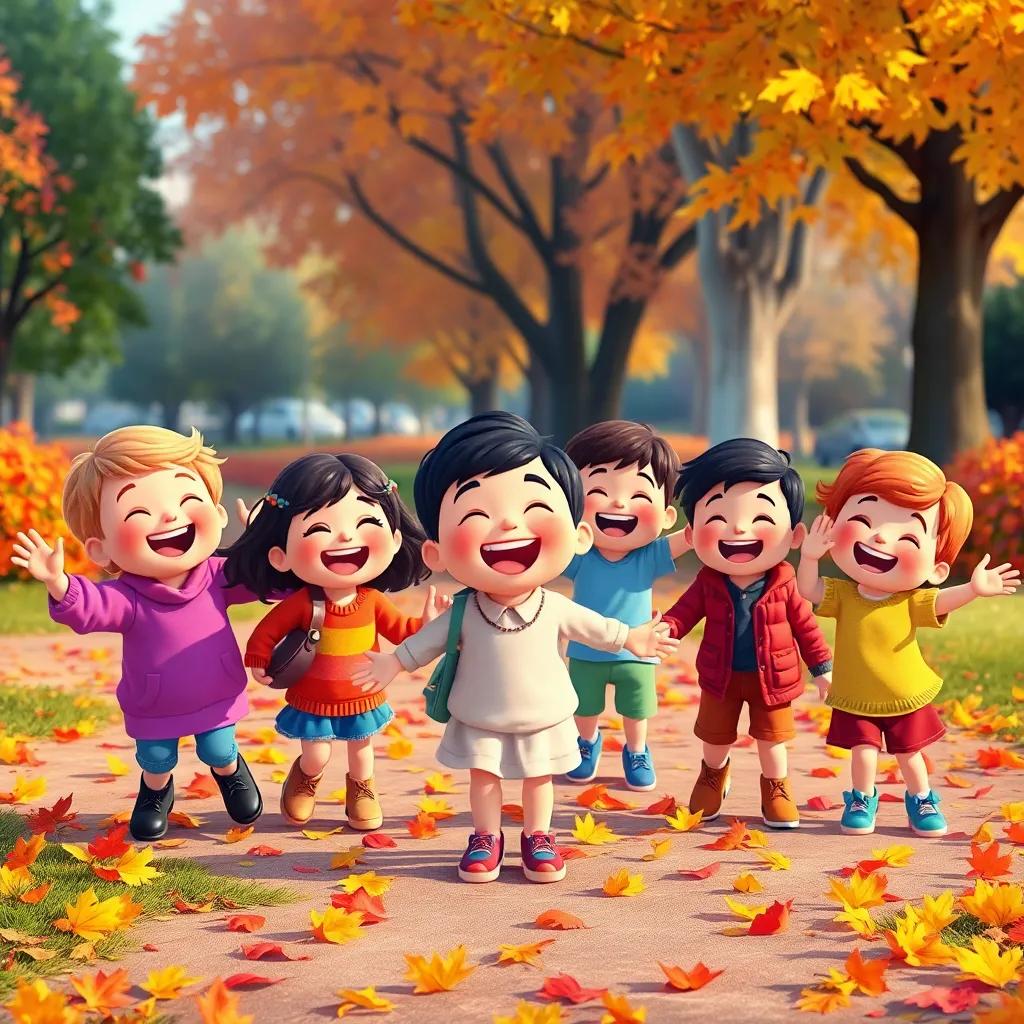 A group of happy children in a colorful park, with autumn leaves around them, rejoicing and playing, joyful atmosphere, digital art, child-friendly style, vibrant colors