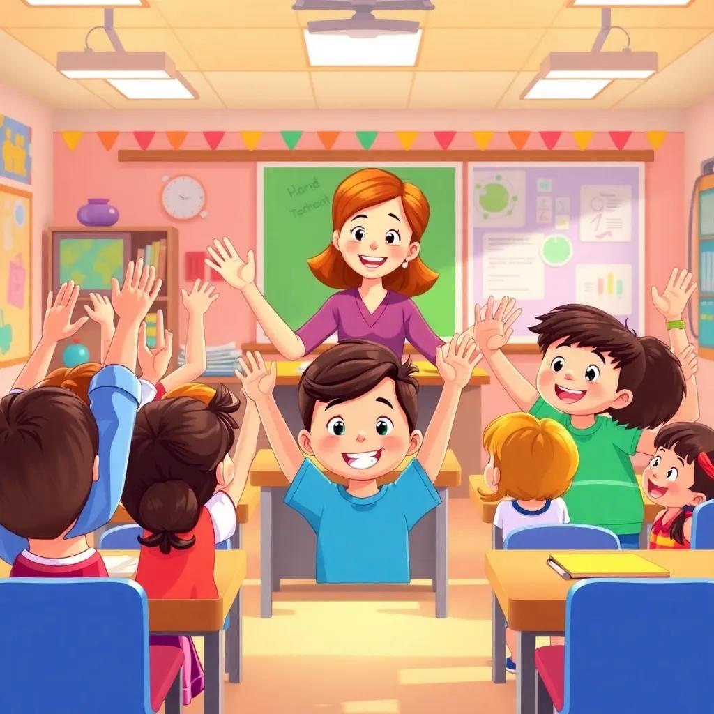 A cheerful classroom with a friendly teacher and excited children raising their hands, colorful decorations, engaging learning environment, bright lighting, illustration, inviting and warm