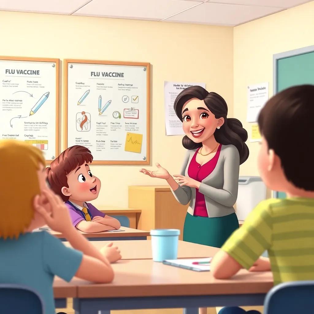A classroom scene with a smiling teacher explaining to enthusiastic children, illustrated charts on the wall about flu vaccine, educational atmosphere, bright and engaging colors