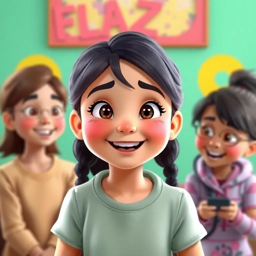 A young girl, Leila, smiling and talking about flu vaccine with her friends, playful and lively expressions, inviting scene, colorful background, cheerful style