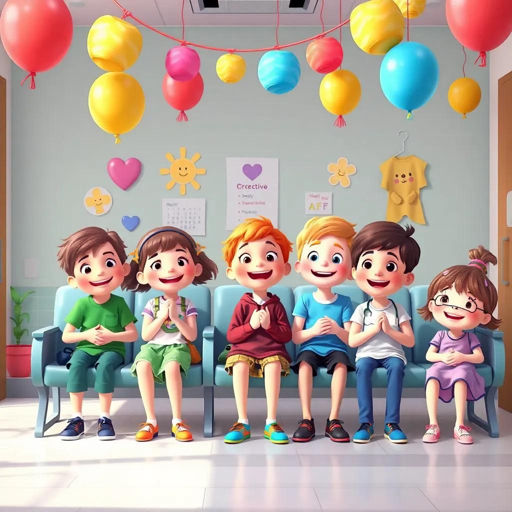 A group of children in a clinic waiting room with decorations and playful vibes, showing bravery, high spirits, colorful digital art style