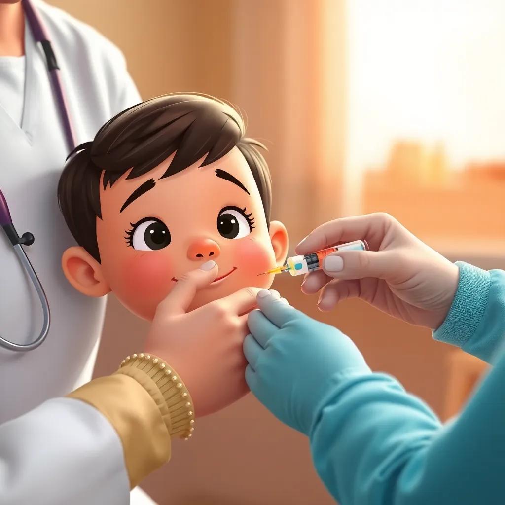 A close-up of a child's arm getting a flu vaccine with a calm nurse, warm and reassuring environment, capturing the moment positively, illustration