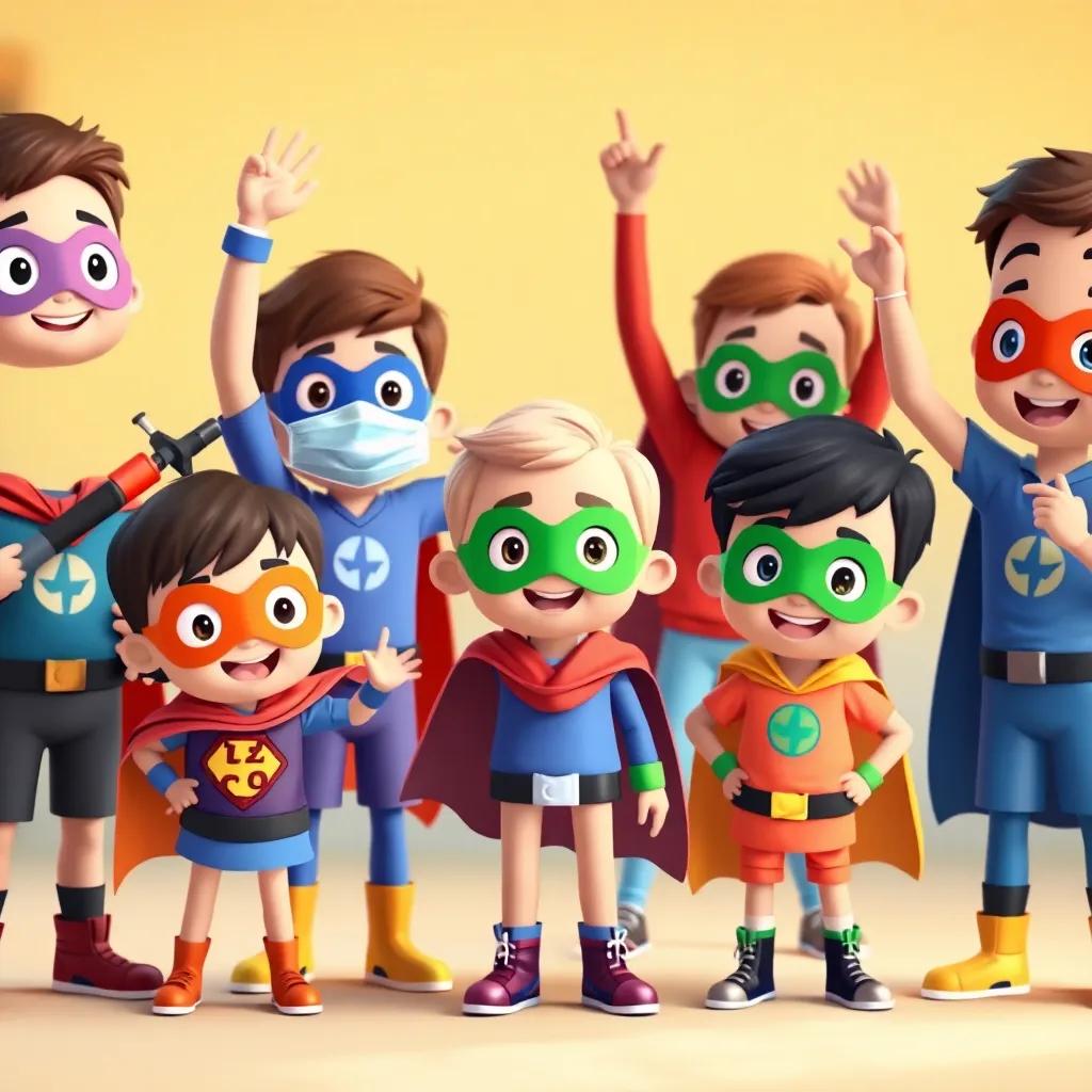 A group of kids dressed as superheroes celebrating after getting their vaccines, cheerful expressions, fun and colorful setting, joyful atmosphere