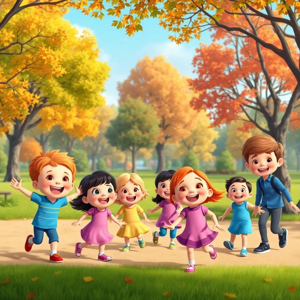 A lively park scene with happy children playing, autumn trees in the background, all smiling and enjoying their health, colorful and vibrant, cheerful atmosphere