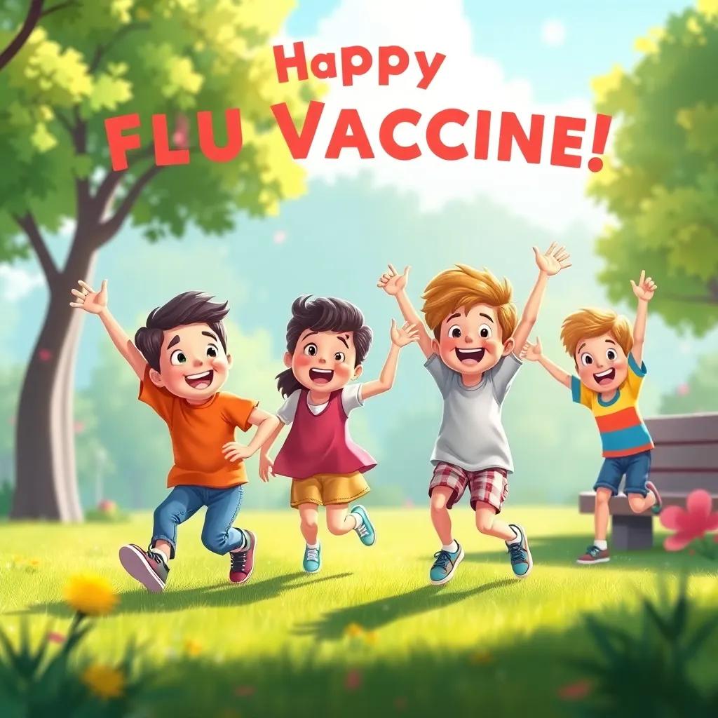 A celebratory scene of children playing in the park, feeling strong and healthy after getting their flu vaccine, bright and joyous energy, colorful