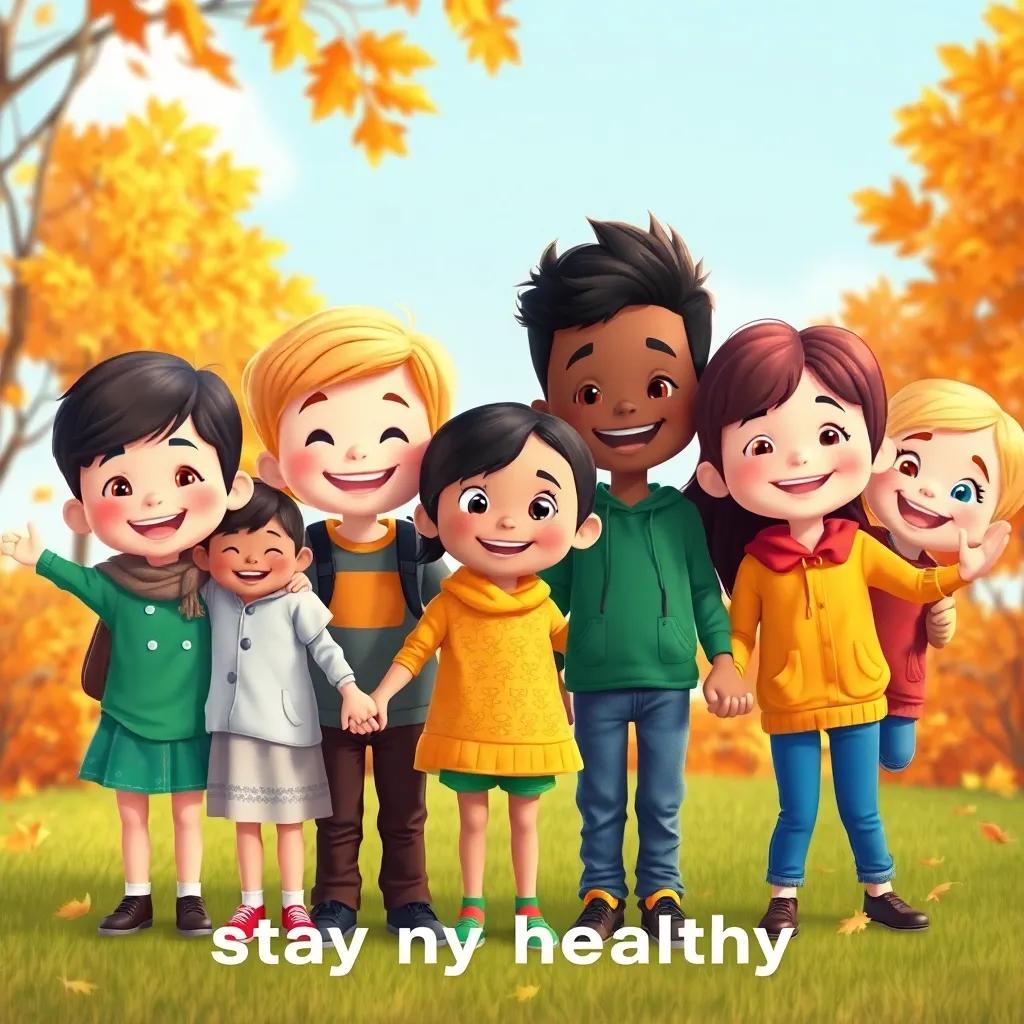 A group of happy children holding hands, smiling together, surrounded by autumn colors, expressing the importance of staying healthy, inviting environment