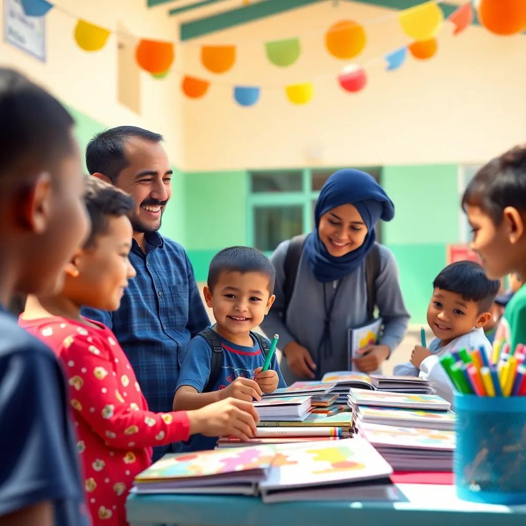 A vibrant school event with teacher Timur and Mohamed in front of a table full of books and pens, helping children pick supplies, sunny day outside the school, joyful expressions, colorful decorations, community spirit, high quality