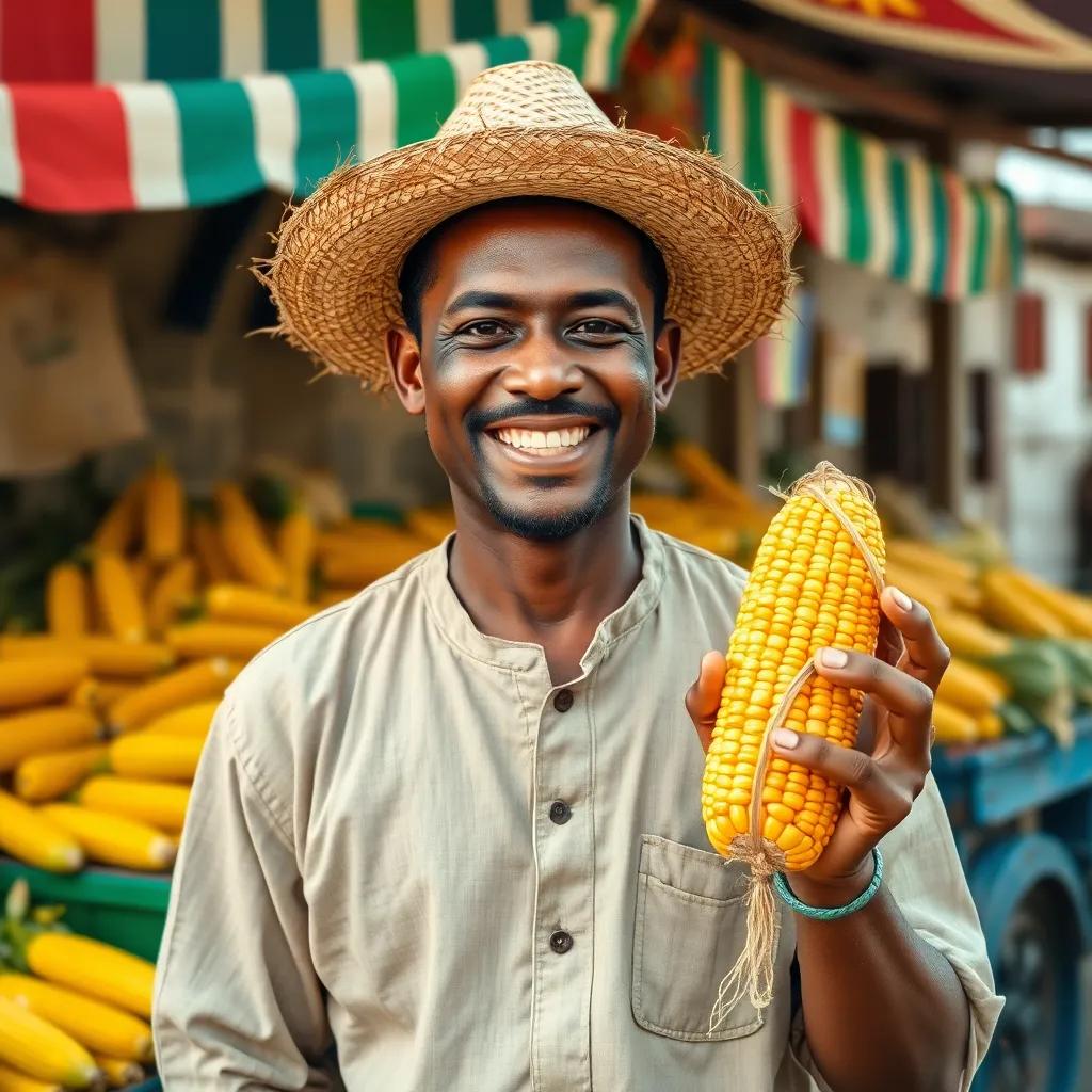 A kind-hearted corn seller, with a warm smile, wearing a simple tunic and a straw hat, joyfully greeting his friends in an old village market, colorful stall with corn behind, engaging atmosphere, cheerful