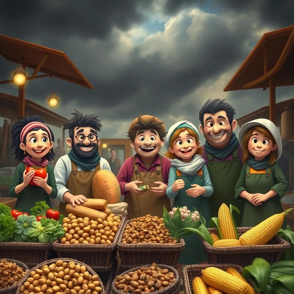 Five friends in a market: a lively vegetable seller, a friendly bread seller, a cheerful pistachio seller, a wise nut seller, and a kind corn seller, all working together in a bustling market scene with a stormy sky in the background, digital art, warm tones, heartwarming community spirit