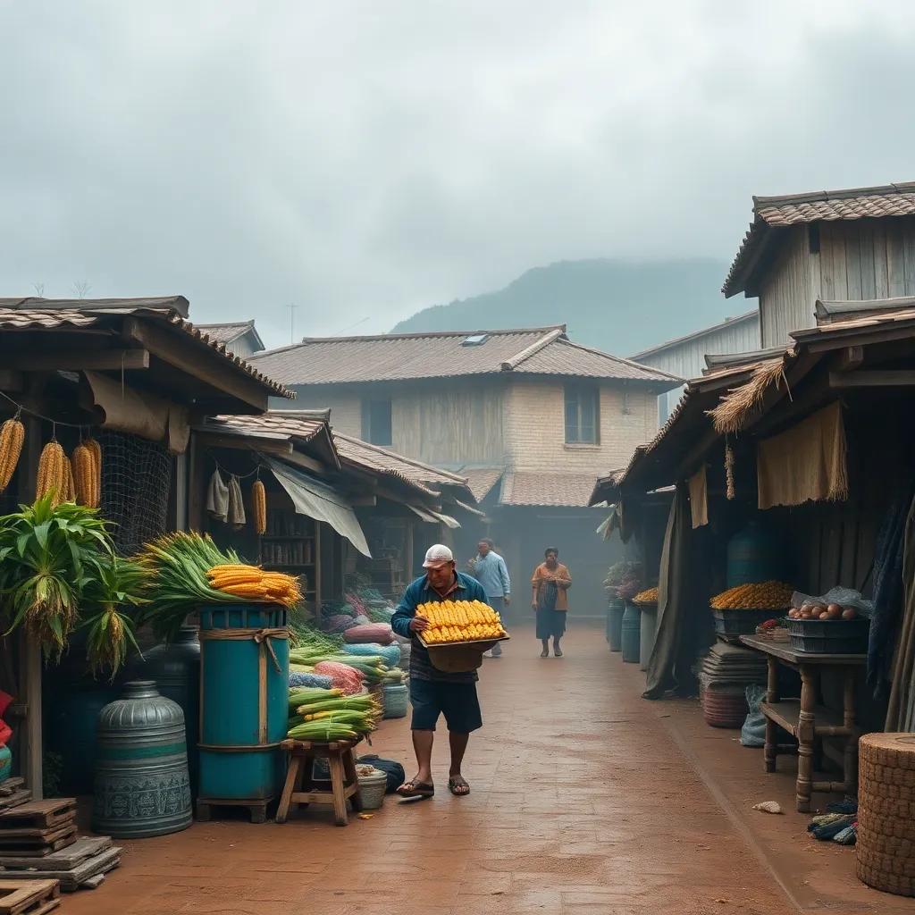 A strong wind blowing through the ancient village, shaking the market stalls, showing the resilience of the corn seller and his friends, dramatic scene, colorful details, heartwarming moment, high quality