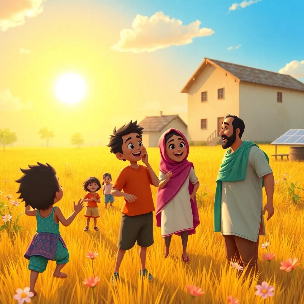 A lively village scene with children playing in a sunny field, two friends, Adil and Sama, excitedly discussing solar energy, detailed digital art, warm colors, bright and cheerful atmosphere, high quality