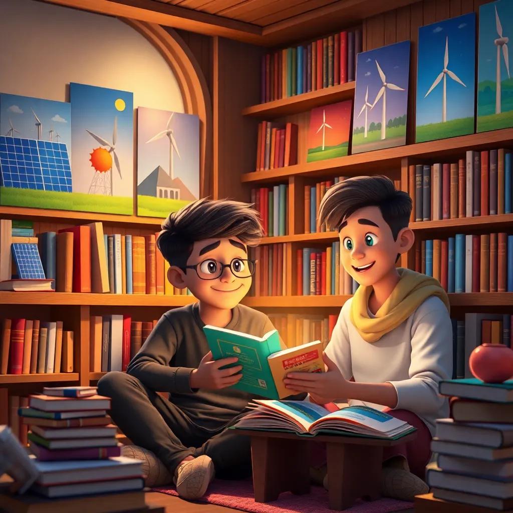 A cozy library filled with books, Adil and Sama reading about renewable energy, surrounded by colorful posters about solar panels and wind turbines, inviting light, educational, bright and inspiring
