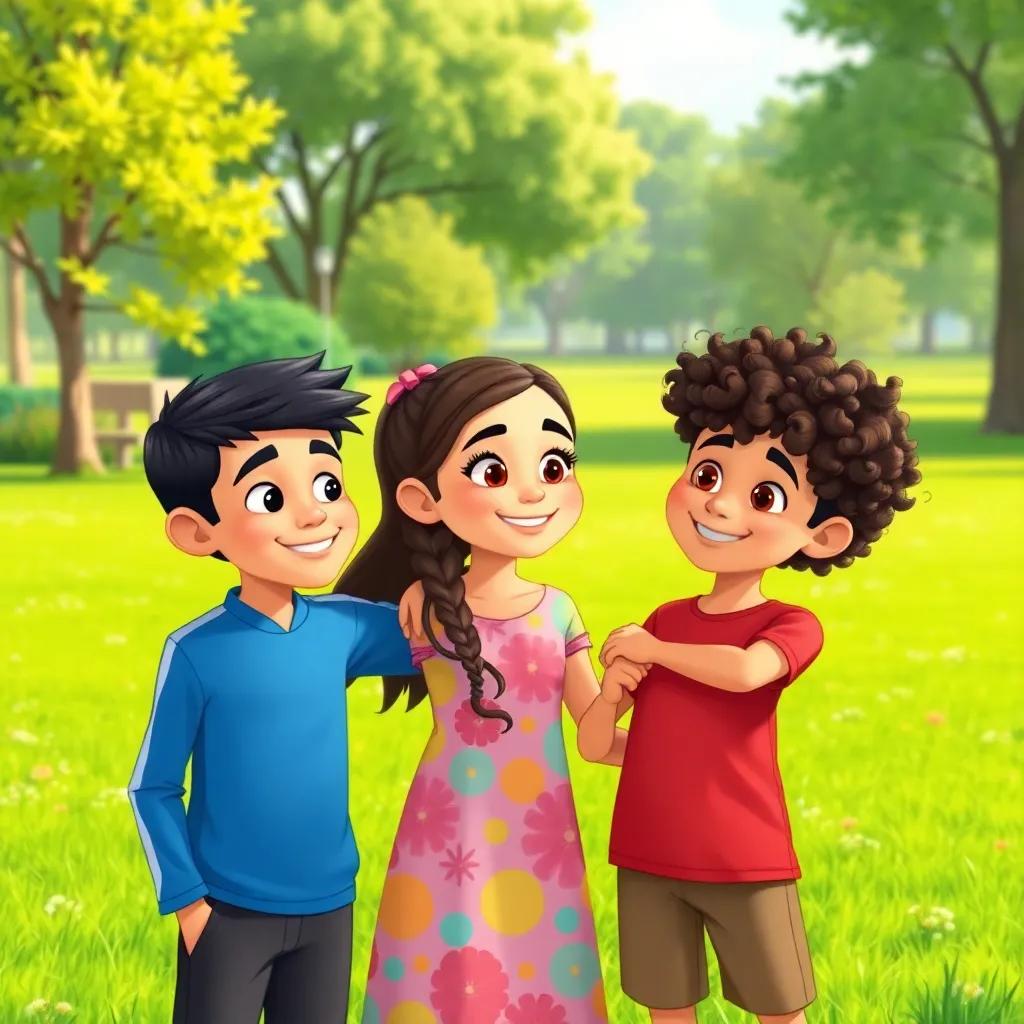 Three friends standing together in a vibrant green park, Ali, a young Arab boy with short black hair wearing a blue shirt, Sara, a young Arab girl with long braided hair in a colorful dress, and Sami, a young Arab boy with curly hair in a red t-shirt, smiling and looking at each other with trust, sunny day, illustration, cheerful, child-friendly