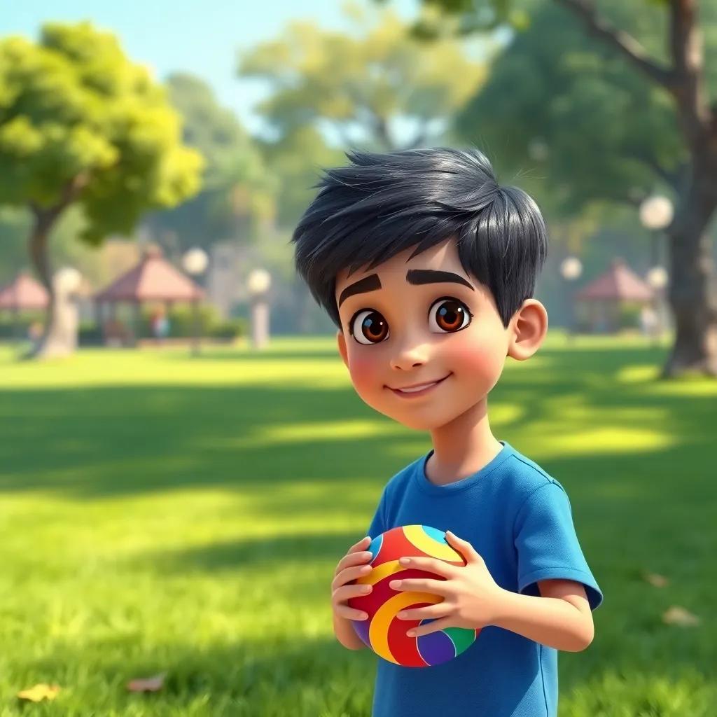 Ali, a young Arab boy with short black hair in a blue shirt, holding a rainbow-colored ball, standing in a lively park with green grass and trees, digital art, bright colors, engaging atmosphere, high quality
