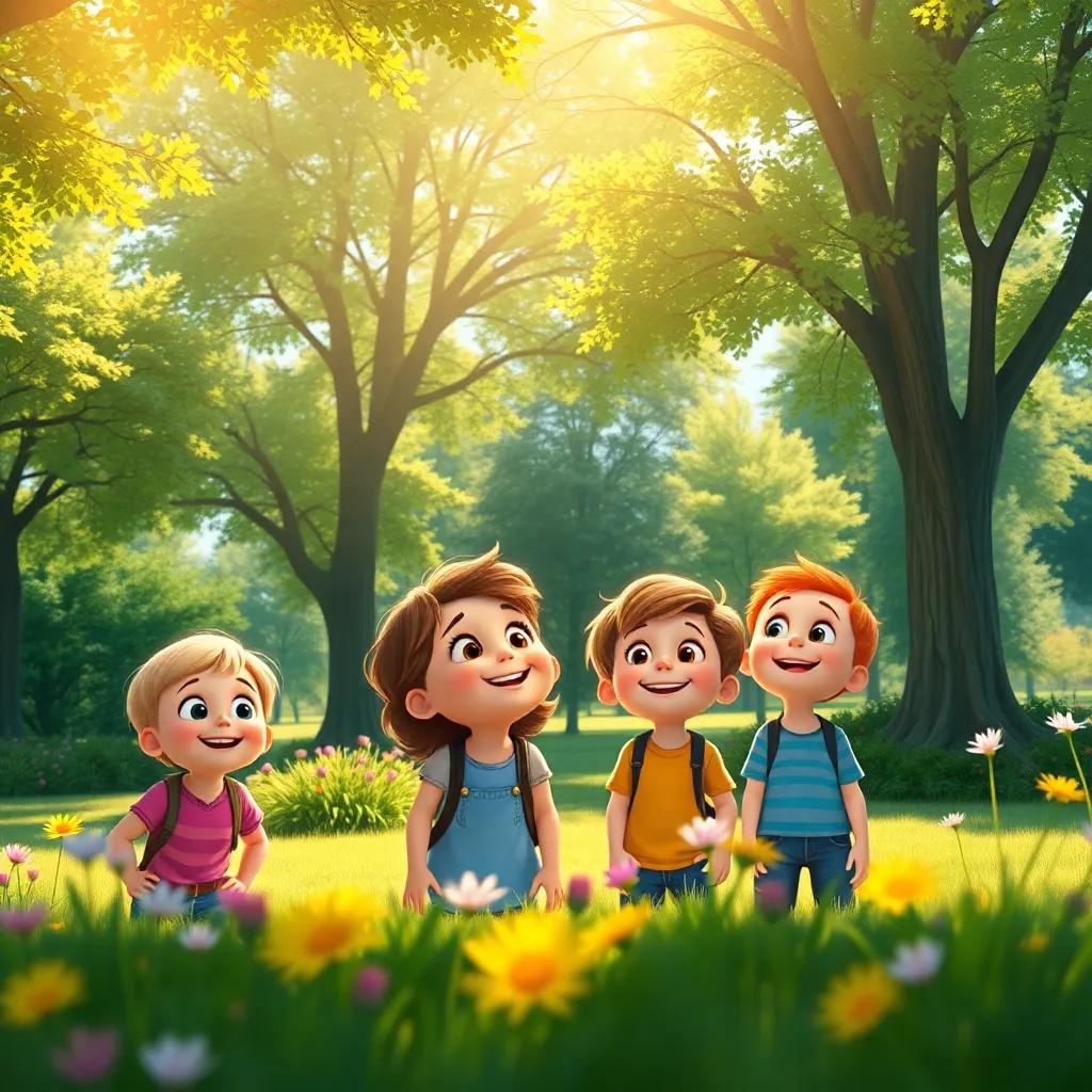 A group of cheerful children in a bright park, observing trees and flowers under the sunlight, with expressions of wonder and excitement, digital art, vibrant colors, warm lighting, inviting atmosphere, high quality
