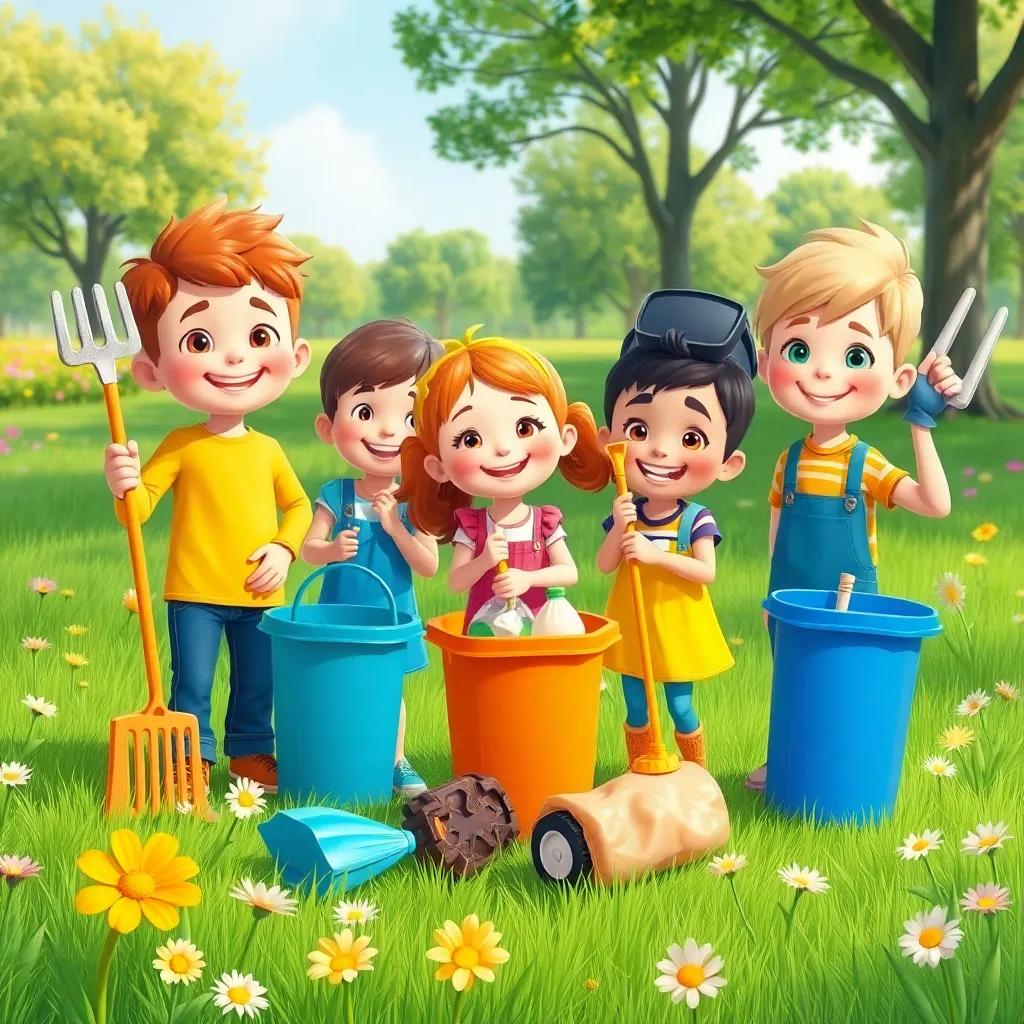 Children with cleaning tools happy to clean up trash in a park, surrounded by green grass and colorful flowers, illustrating teamwork and care for nature, cheerful, bright colors, child-friendly
