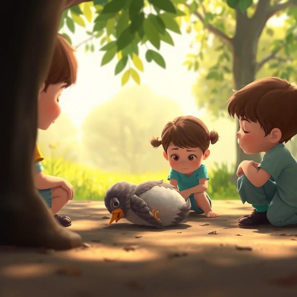 A small, weak bird resting on the ground, with children gently surrounding it, showing concern and care, with leafy trees and a sunny day in the background, emotional narrative, warm tones, heartwarming scene