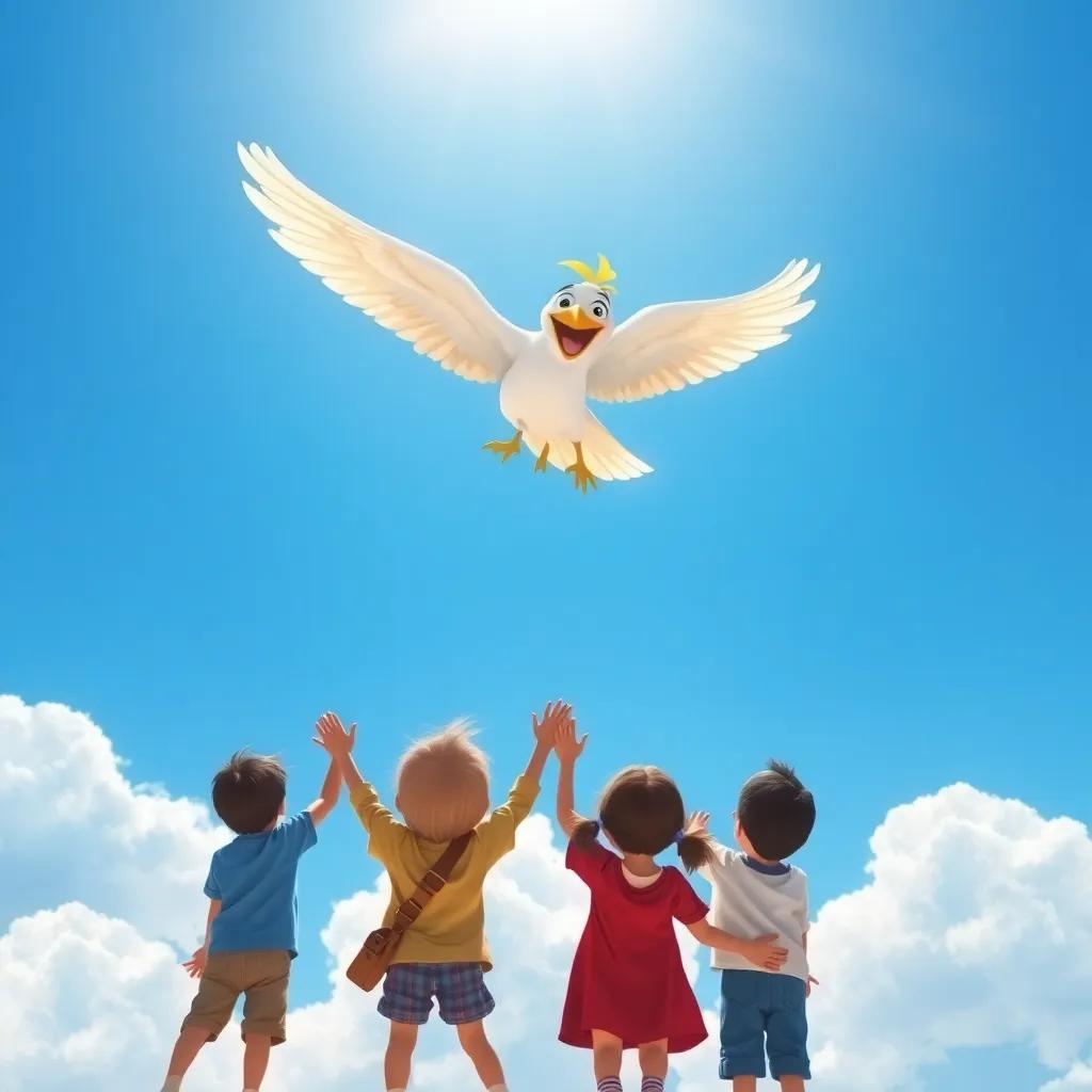 The same bird, now strong and happy, flying into the blue sky, with children waving goodbye, filled with joy, gorgeous backdrop of clouds and sunlight, uplifting moment, bright atmosphere
