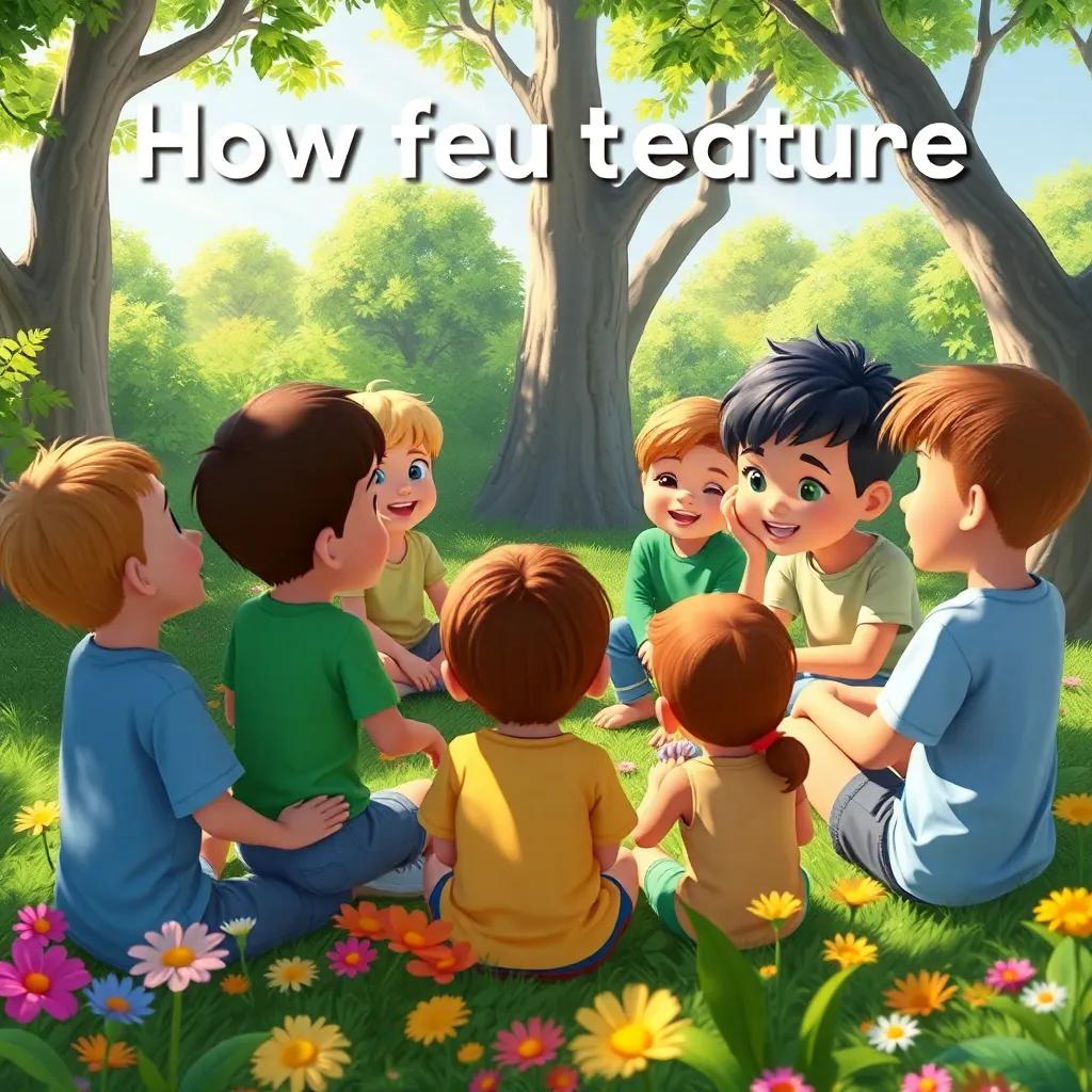 Children sitting together in a circle, discussing how to protect nature, surrounded by trees and flowers, with expressions of determination and friendship, colorful, engaging view, motivational scene