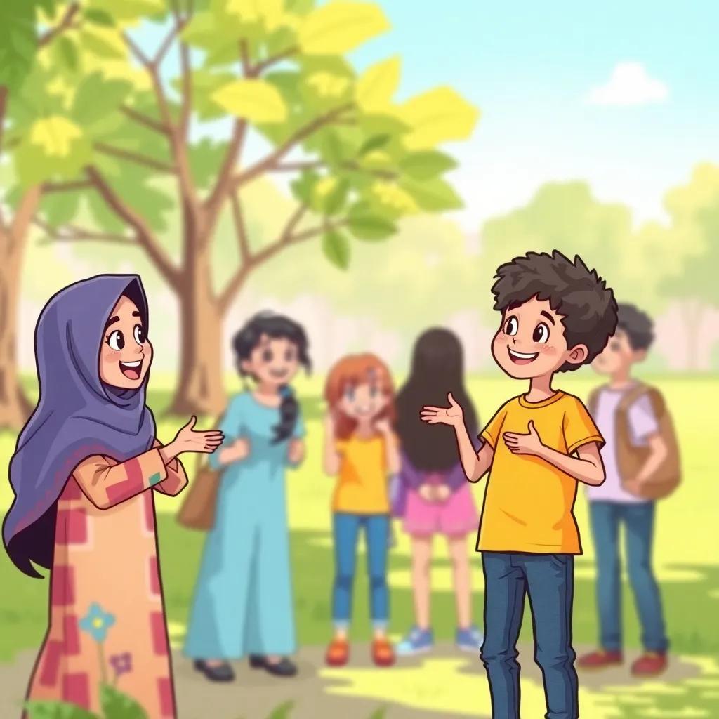 A group of excited children discussing volunteering in a sunny park, including Noura, a young Arab girl with long, dark hair wearing a colorful abaya, and Sami, a young Arab boy with short, curly hair wearing a bright t-shirt and jeans, smiling and gesturing, digital art, vibrant colors, cheerful atmosphere, high quality