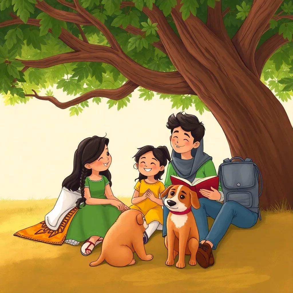 A group of friends resting under a large tree after a day of volunteering, including Noura and Sami, along with Leila, a young Arab girl with braided hair wearing a green dress, and Buba, a friendly dog, sharing stories and laughing, illustration, warm, engaging, child-friendly