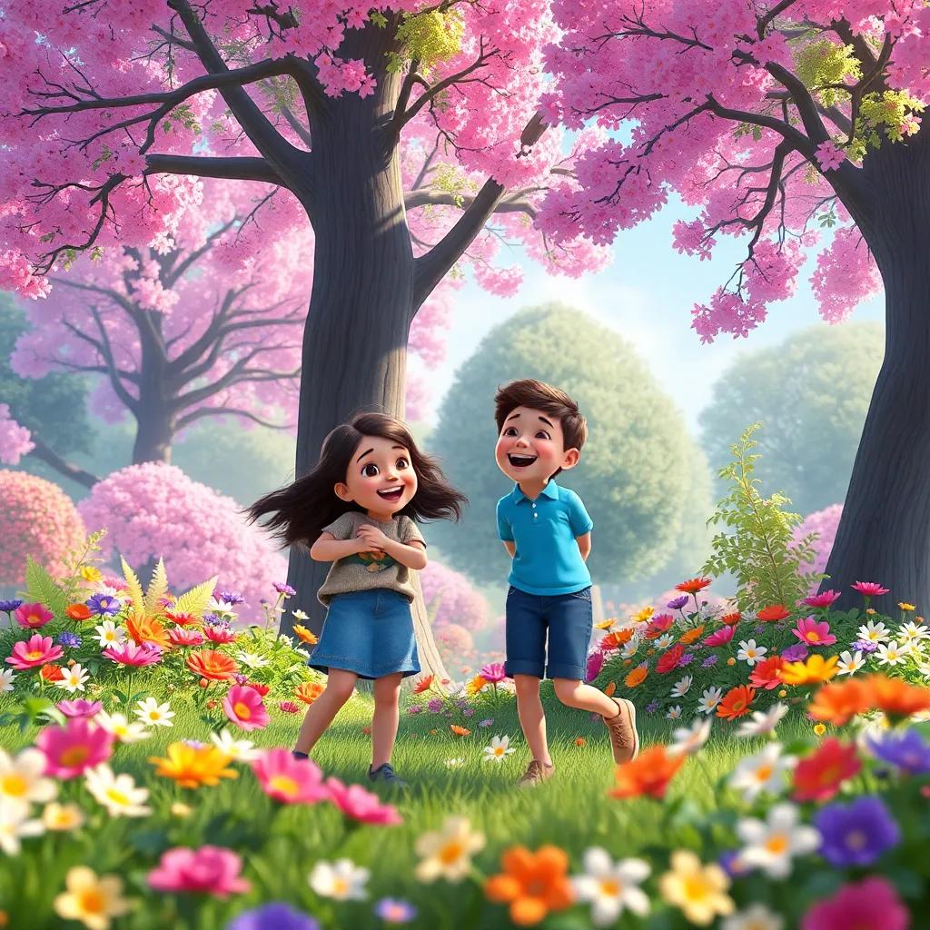 Three friends playing in a beautiful garden filled with trees and flowers, laughing and enjoying their time together, digital art, vibrant colors, joyful atmosphere, high quality
