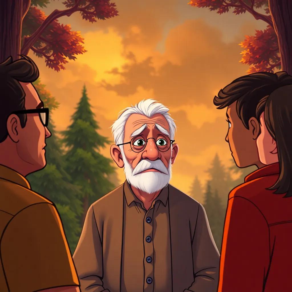 An elderly man speaking to three friends, with a sad expression, surrounded by trees and a smoky sky, colorful illustration, warm light, engagement-focused, high quality
