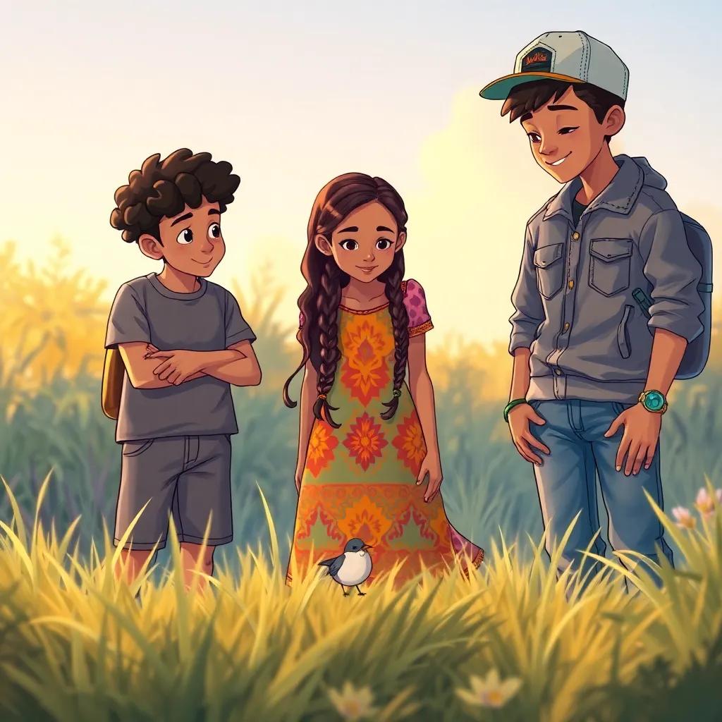 Three friends, Walid with curly hair in a t-shirt, Zainab with long braids in a colorful dress, and Ali with short hair in jeans and a cap, watching a small trapped bird in the grass, showing concern and care, warm light, friendly mood, illustration, high quality