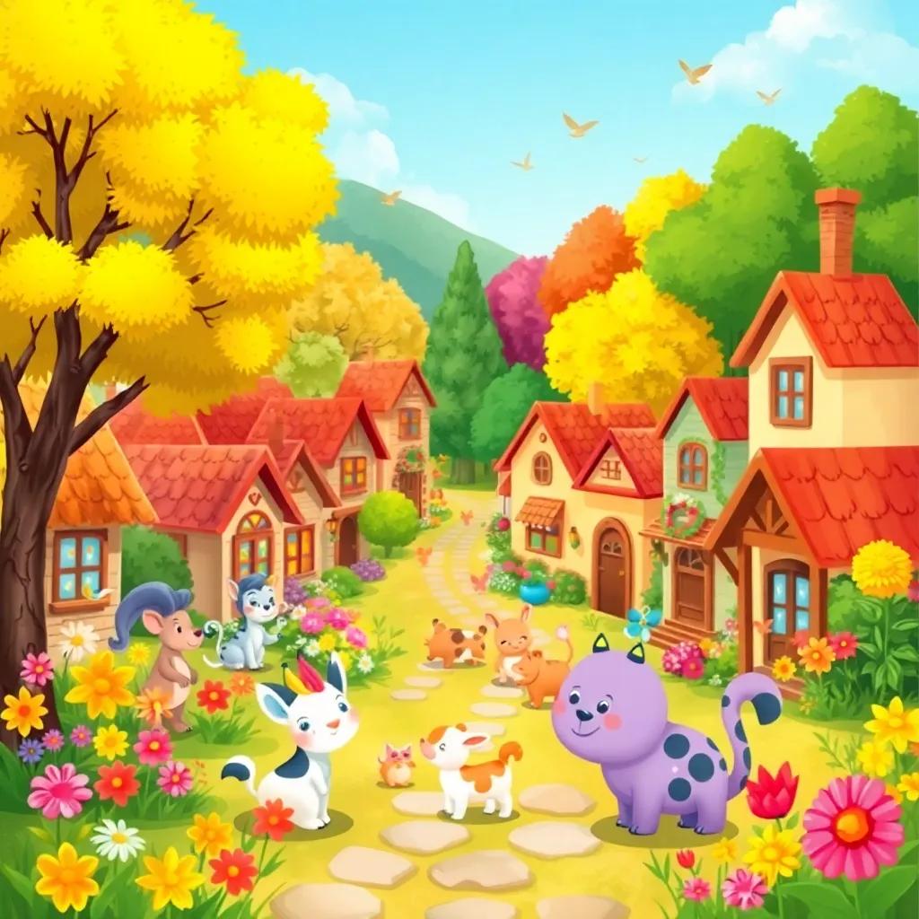 A beautiful small village with colorful flowers and vibrant trees, filled with happy animals playing, digital art, bright colors, sunny atmosphere, cheerful scene, high quality