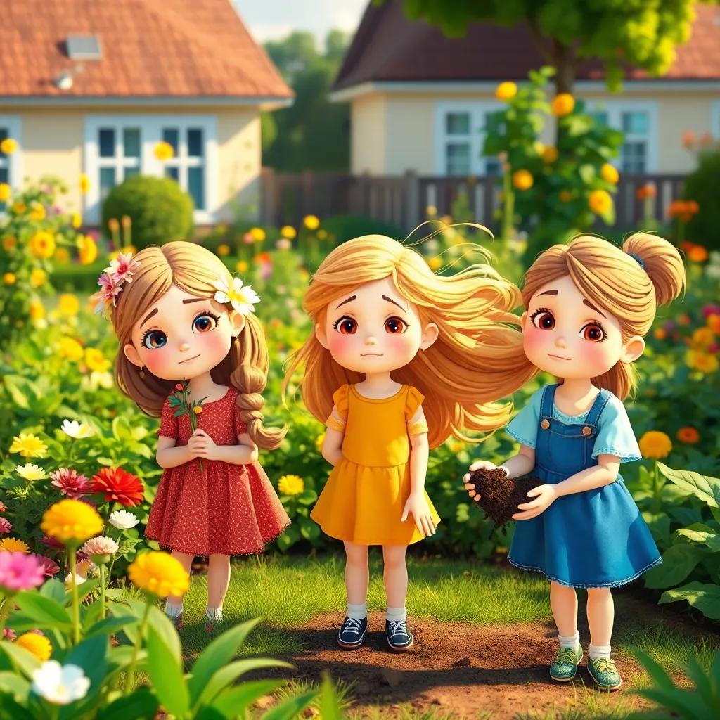 Three young girls, friends, in a sunny neighborhood garden looking sad after a storm, with Lily having flowers in her hair, Sara with flowing windy hair, and Mariam with soil on her hands, cheerful children, whimsical style, vibrant colors, playful setting, high quality