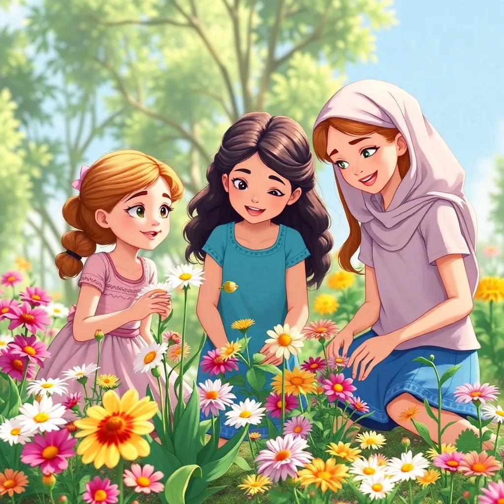 The three girls, working together in their garden, with Lily talking to blooming flowers, Sara making the wind blow softly, and Mariam growing new plants, teamwork and joy, bright sunlight, colorful flowers in bloom, detailed illustration, friendly atmosphere, high quality