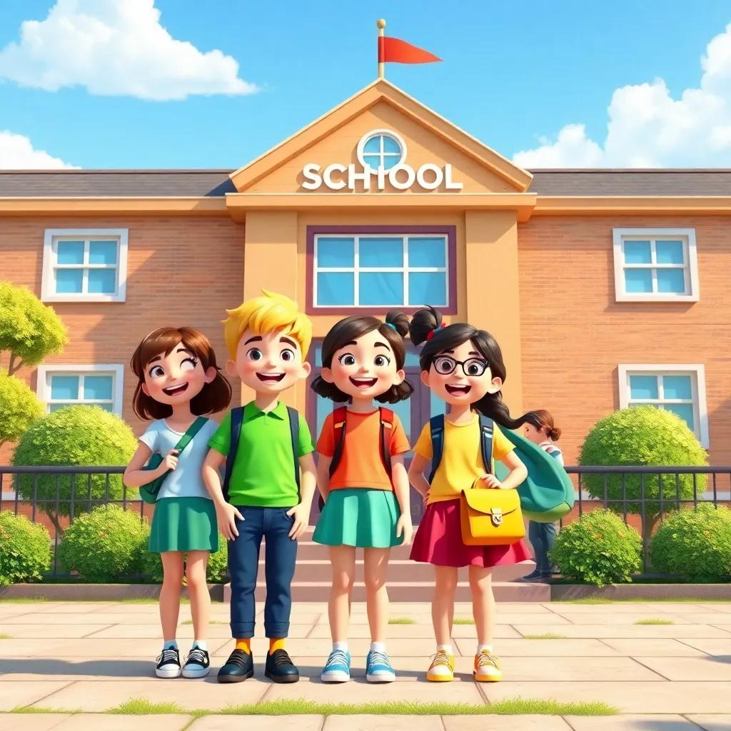 Five school friends standing in front of a school on a sunny day, smiling and chatting excitedly, bright colors, cheerful atmosphere, engaging digital art