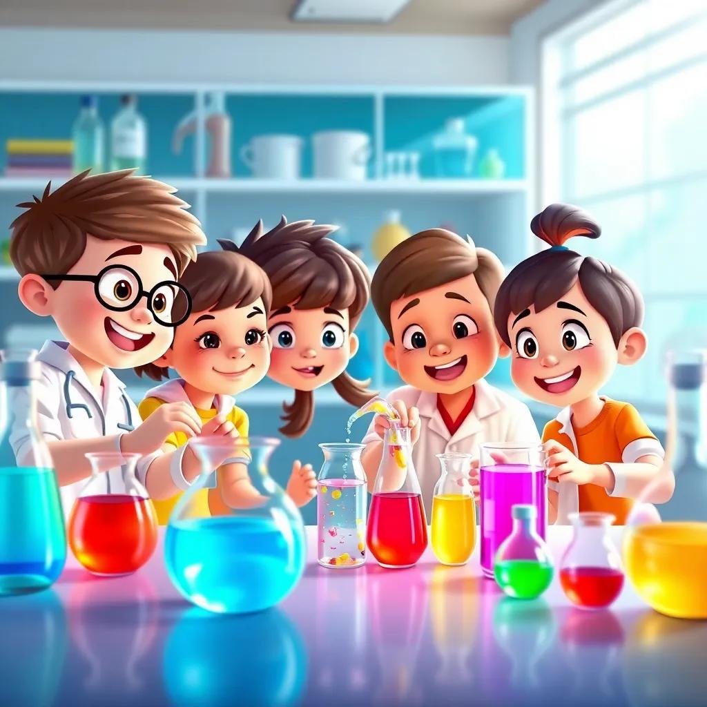 Five creative kids in a science lab, working together and mixing colorful liquids, showing wonder and excitement, bright and colorful, fun learning environment, digital art