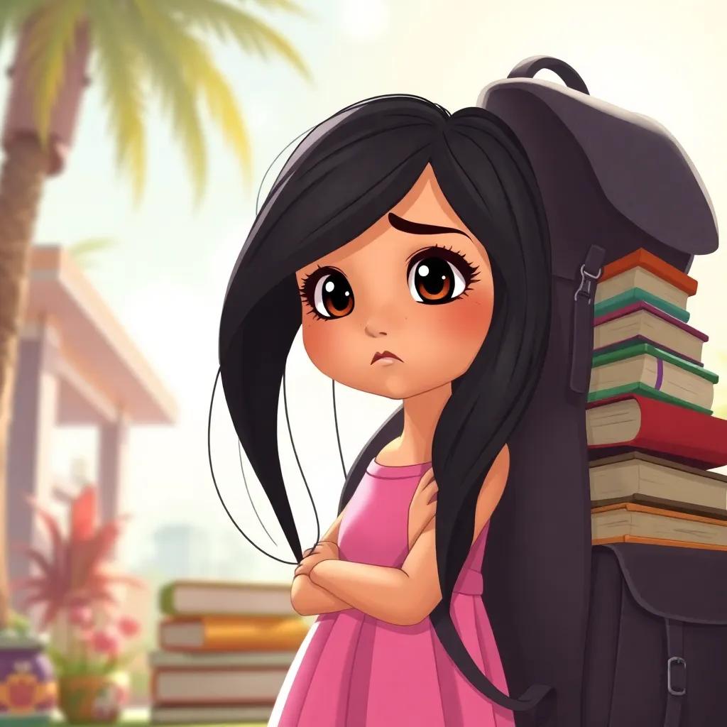 Another young Arab girl, Reem, with long dark hair wearing a pink dress, looking sad beside a large backpack filled with books, surrounded by a sunny bright background, inviting scene, detailed