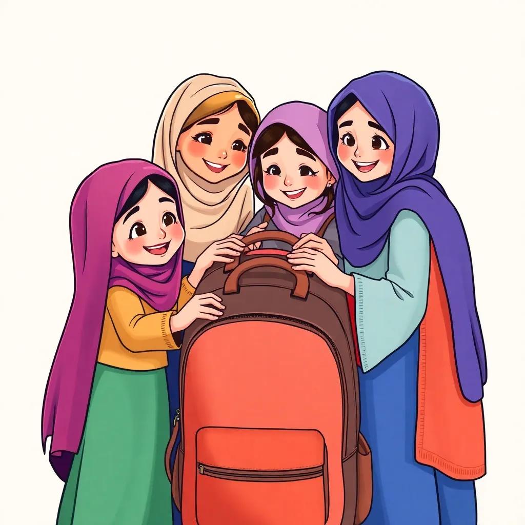 A group of young Arab girls, Lina, Reem, Sarah, Hind, and Maha, gathering around a big backpack, helping each other, enjoying friendship and teamwork, colorful illustration, joyful expressions