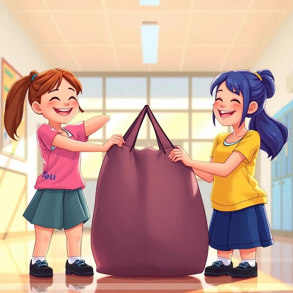 The girls cheerfully lifting the heavy bag together, smiling and laughing, with bright school surroundings, capturing the warmth of their teamwork, vivid colors, uplifting